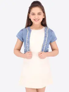 CUTECUMBER Girls Cream & Blue Self Design A-Line Dress with Denim Shrug