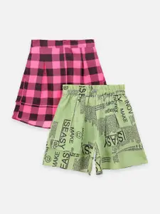 LilPicks Girls Pink & Green Set of 2 Printed Regular Fit Regular Shorts