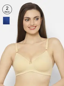 Floret Pack of 2 Blue & Beige Solid Non-Wired Lightly Padded Push-Up Bra