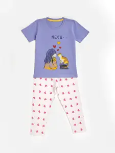 KIDSCRAFT Girls Purple & Pink Cat & Doll Printed T-shirt with Pyjamas