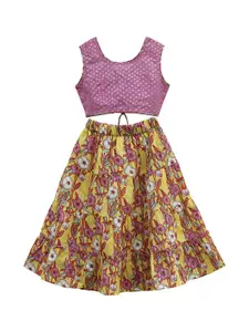 My Little Lambs Girls Yellow & Pink Floral Print Cotton Ready to Wear Lehenga with Blouse