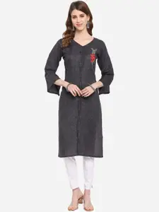 Youthnic Women Charcoal Grey Floral Embroidered Flared Sleeves Thread Work Kurta