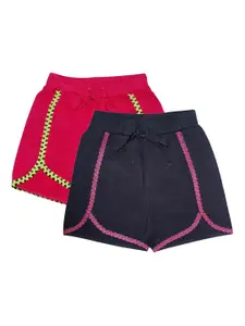 KiddoPanti Girls Pink & Black Set of 2 Regular Fit Shorts