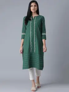 W Women Green Striped Thread Work Kurta