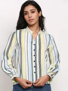 Slenor Women White & Blue Regular Fit Striped Casual Shirt