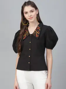 Athena Black Floral Puff Sleeves Shirt Style Top