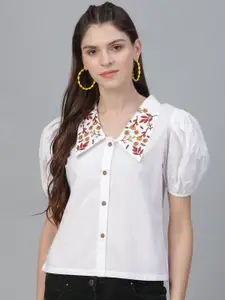 Athena White Puff Sleeves Embroidered Shirt Style Top