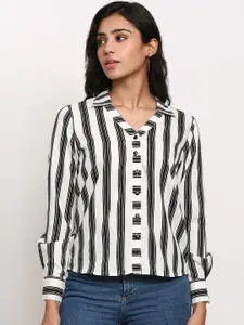 Slenor Women White & Black Regular Fit Striped Casual Shirt