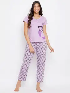 Clovia Owl Print 100% Cotton Button Down Top & Pyjama Night suit