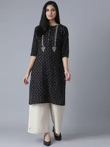 W Women Black Geometric Printed Kurta