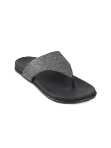 Metro Women Black Textured T-Strap Flats