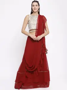 studio rasa Women Maroon Solid Tiered Skirt With Attached Dupatta