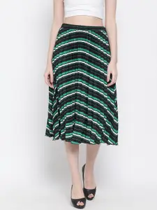 Oxolloxo Women Black & Green Striped Flared Midi Skirt