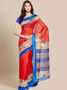 Chhabra 555 Red & Navy Blue Silk Cotton Printed Bhagalpuri Saree