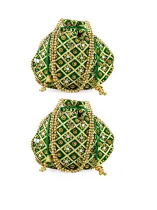 Kuber Industries Set of 2 Green Silk Traditional Printed Tote Hand Bag