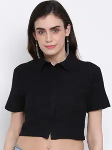Oxolloxo Women Black Regular Fit Solid Crop Casual Shirt