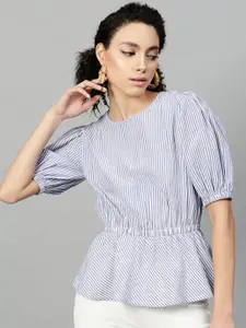 STREET 9 Blue Striped Puff Sleeves Cinched Waist Top