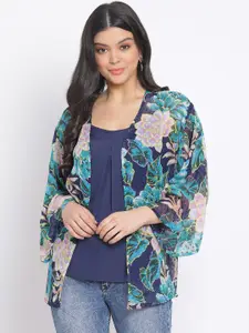 Oxolloxo Women Blue & Pink Printed Open Front Shrug