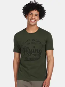 Flying Machine Men Olive Green Printed Round Neck Cotton Pure Cotton T-shirt
