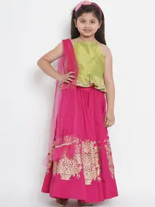 Bitiya by Bhama Girls Green & Pink Solid Ready to Wear Lehenga & Blouse with Dupatta