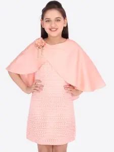 CUTECUMBER Girls Peach-Coloured Embroidered A-Line Dress