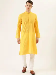 RAJUBHAI HARGOVINDAS Men Yellow Chikan Embroidered Straight Kurta