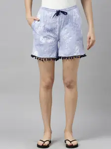 Kryptic Women Blue & White Floral Printed Cotton Lounge Shorts