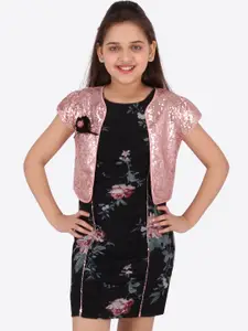 CUTECUMBER Girls Black Printed Dress with Sequined Jacket