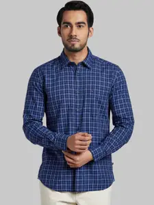 Parx Men Navy Blue & White Slim Fit Checked Casual Shirt