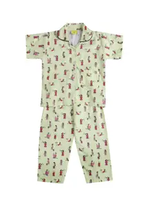 The Magic Wand Girls Green & Pink Printed Night suit