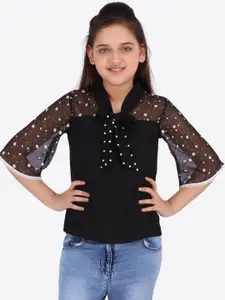 CUTECUMBER Girls Black Tie-Up Neck Flared Sleeves Georgette Top with Beads Embellishment