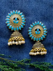 Crunchy Fashion Blue & Gold-Plated Kundan Classic Jhumkas