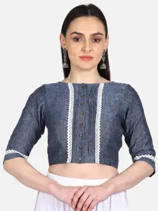 THE WEAVE TRAVELLER Women Blue & White Solid Linen Saree Blouse