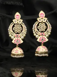 ANIKAS CREATION Pink Gold-Plated Meenakari Contemporary Jhumkas