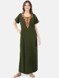 KOI SLEEPWEAR Olive Green & Beige Embroidered Lissybissy Cotton Maxi Nightdress