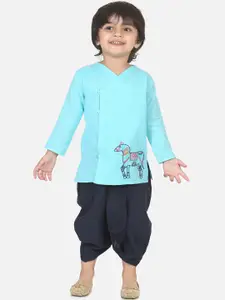 BownBee Boys Blue Solid Kurti with Dhoti Pants
