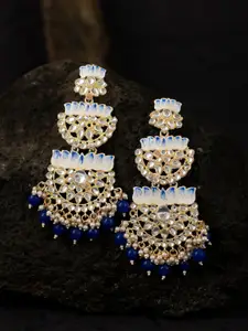 Sukkhi Blue & Gold-Plated Lotus Meenakari Kundan Chandelier Crescent Shaped Chandbalis