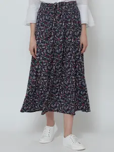 DODO & MOA Women Navy Blue & White Floral Printed A-Line Midi Skirt