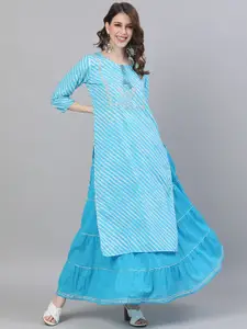 Ishin Women Blue Striped Kurta with Skirt
