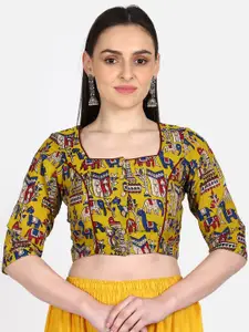 THE WEAVE TRAVELLER Women Yellow & Red Kalamkari Hand Block Printed Saree Blouse