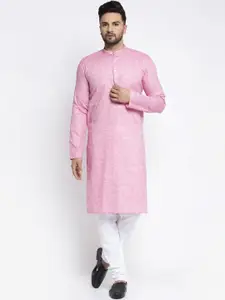 Jompers Men Pink & White Self Design Kurta with Churidar