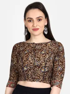 THE WEAVE TRAVELLER Women Brown & Beige Kalamkari Hand Block Printed Padded Sustainable Saree Blouse