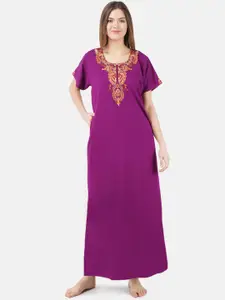 KOI SLEEPWEAR Woman Purple & Beige Embroidered Cotton ightdress With Pockets