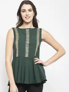Karmic Vision Green Floral Embroidered Peplum Top
