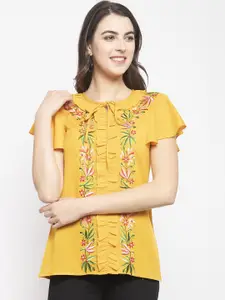 Karmic Vision Mustard Yellow Floral Printed Tie-Up Neck Flutter Sleeves Top