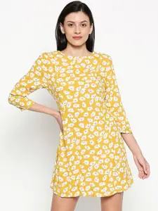 People Women Yellow & White Floral Printed A-Line Dress