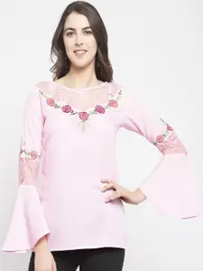 Karmic Vision Pink Floral Embroidered Bell Sleeves Top