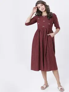 Vishudh Women Maroon & Off-White Striped Fit and Flare Dress