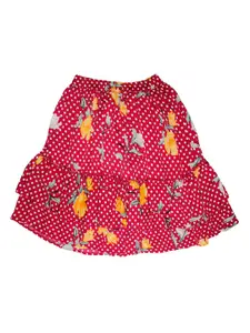 KiddoPanti Girls Red & White Floral Printed A-Line Mini Skirt