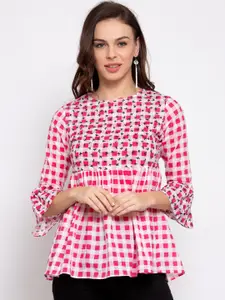 Style Quotient Women Pink Checked Bell Sleeves Peplum Top